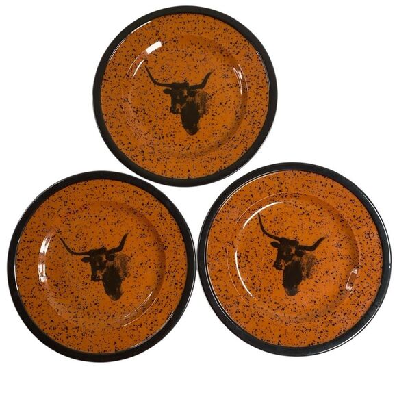 EUC World Stockyard Orange Speckled Plates Longhorn Steer Design Set of 3 Plates - Picture 1 of 3